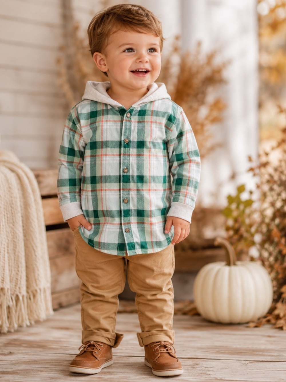 Carter's Toddler Hooded Plaid Button Front Shirt 2T Green Cotton